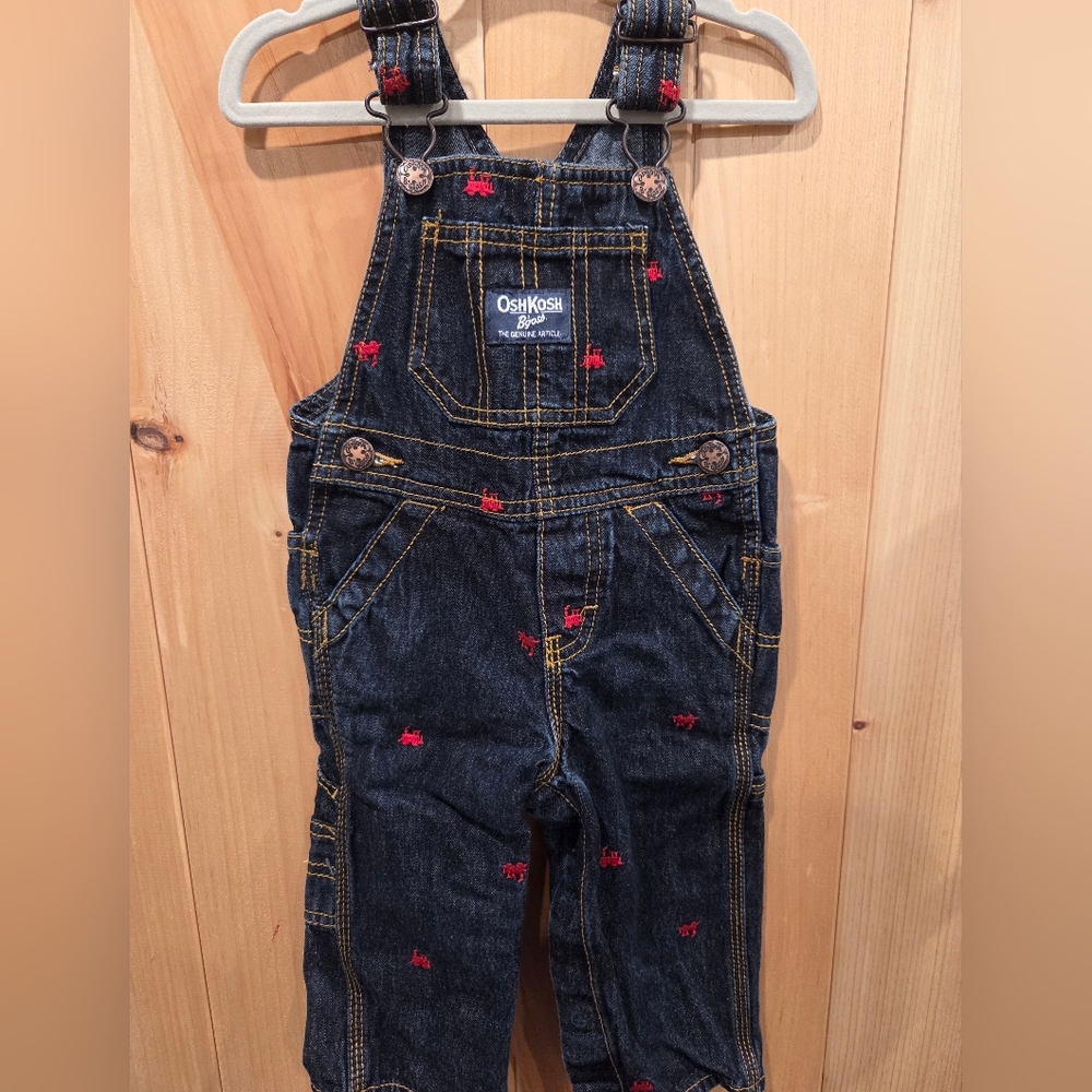OshKosh B'gosh Carpenter Denim Red Train Toddler Overalls